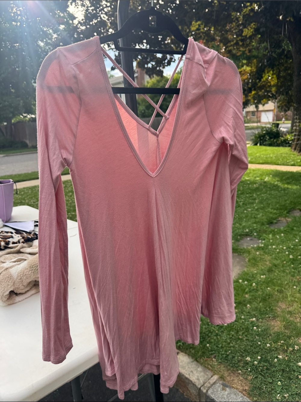 Women’s Blush Pink Long-Sleeve V-Neck Top with Crisscross Back